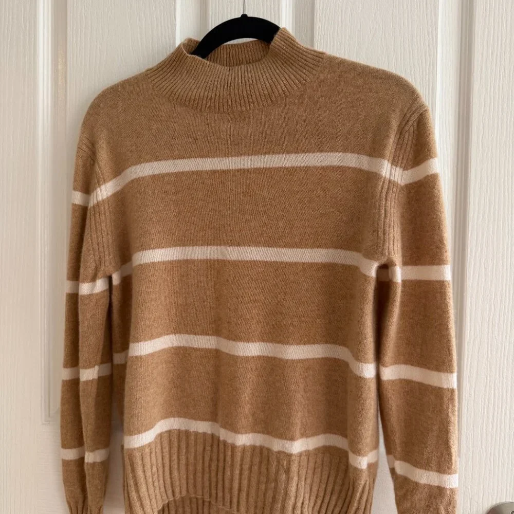 J.Crew Turtleneck Camel Striped Relaxed 100% Cashmere Sweater - Picture 1 of 3